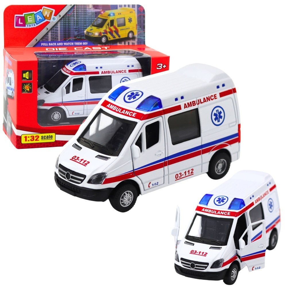 Karetka Ambulans Metalowy Z Napędem Pull Back Światła Dźwięki Biały 1:32 LEAN Toys