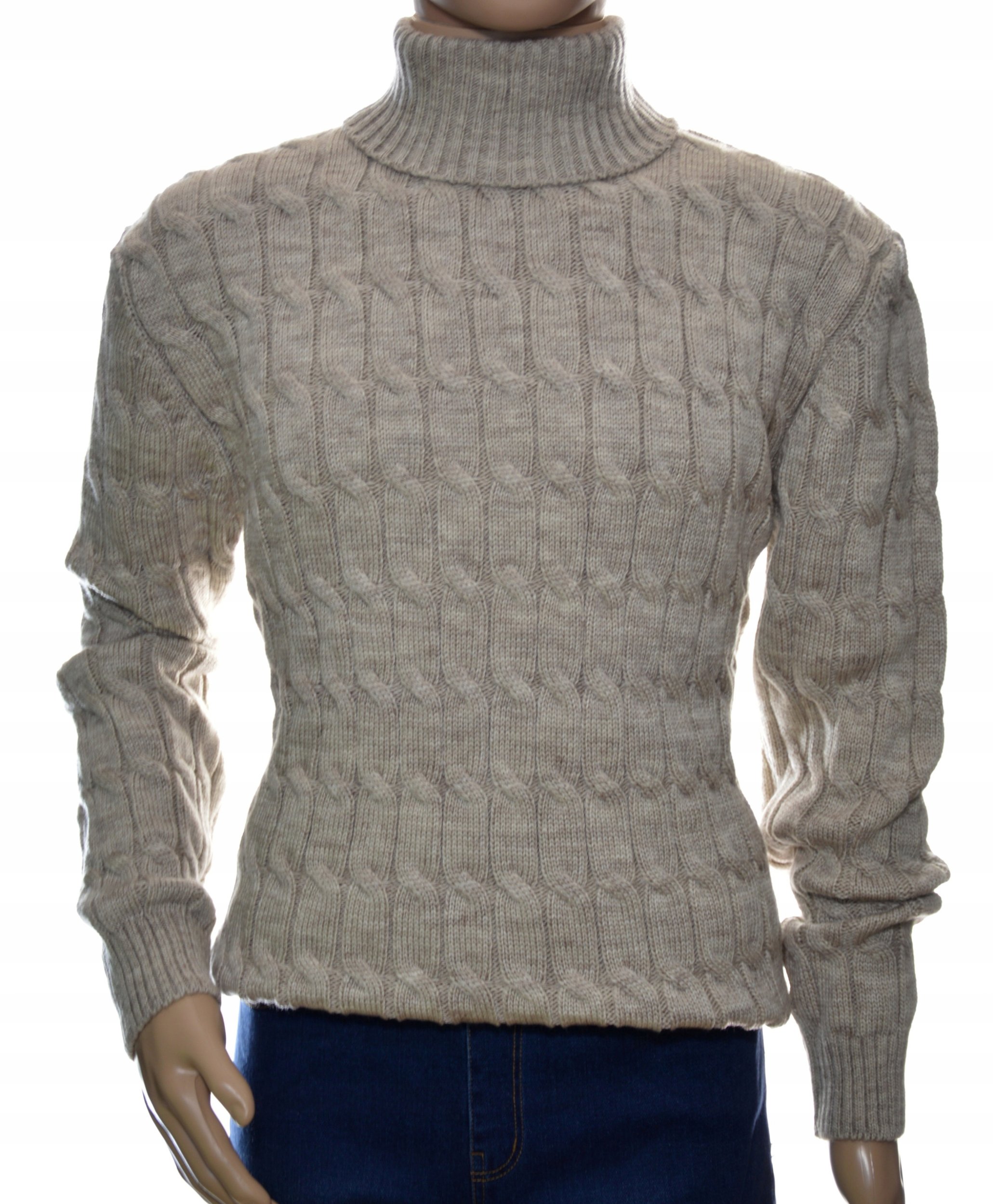 Ciepły wełniany sweter męski z golfem szetland golf z wełny 2XL XXL beżowy