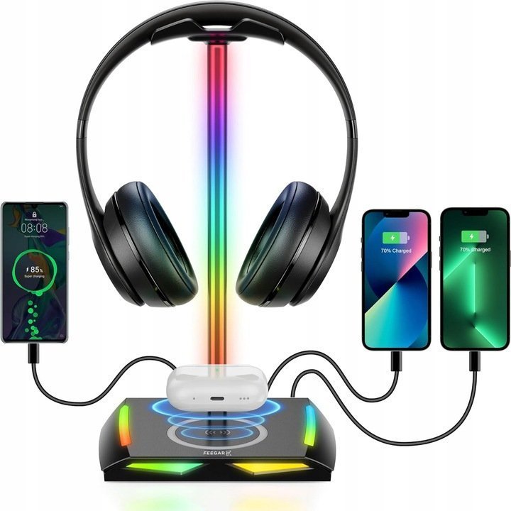 Feegar STOJAK NA SŁUCHAWKI HOLD Podświetlanie RGB HUB 3x USB Typ-C Indukcja