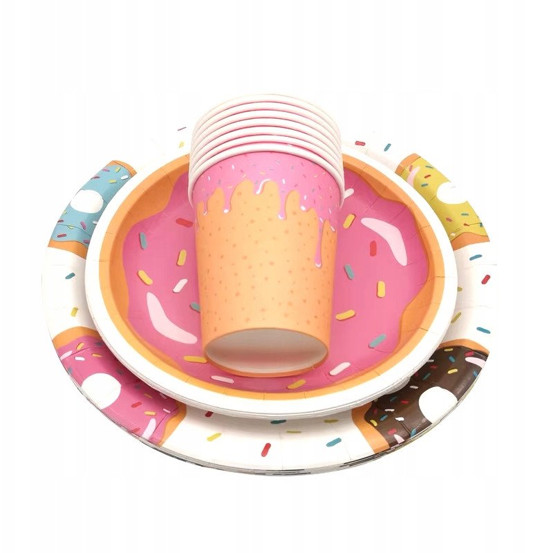 Dekoracje na urodziny Pączek Donut ZESTAW naczynia balony 46 szt.