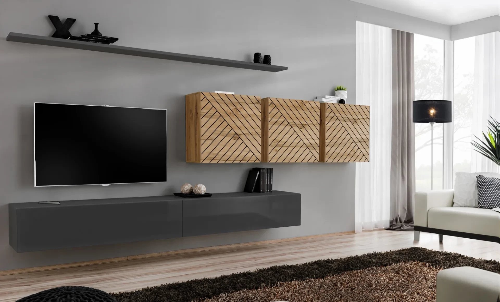 Meblościanka SWITCH LAMEL VII szara/dąb wotan ASM Meble