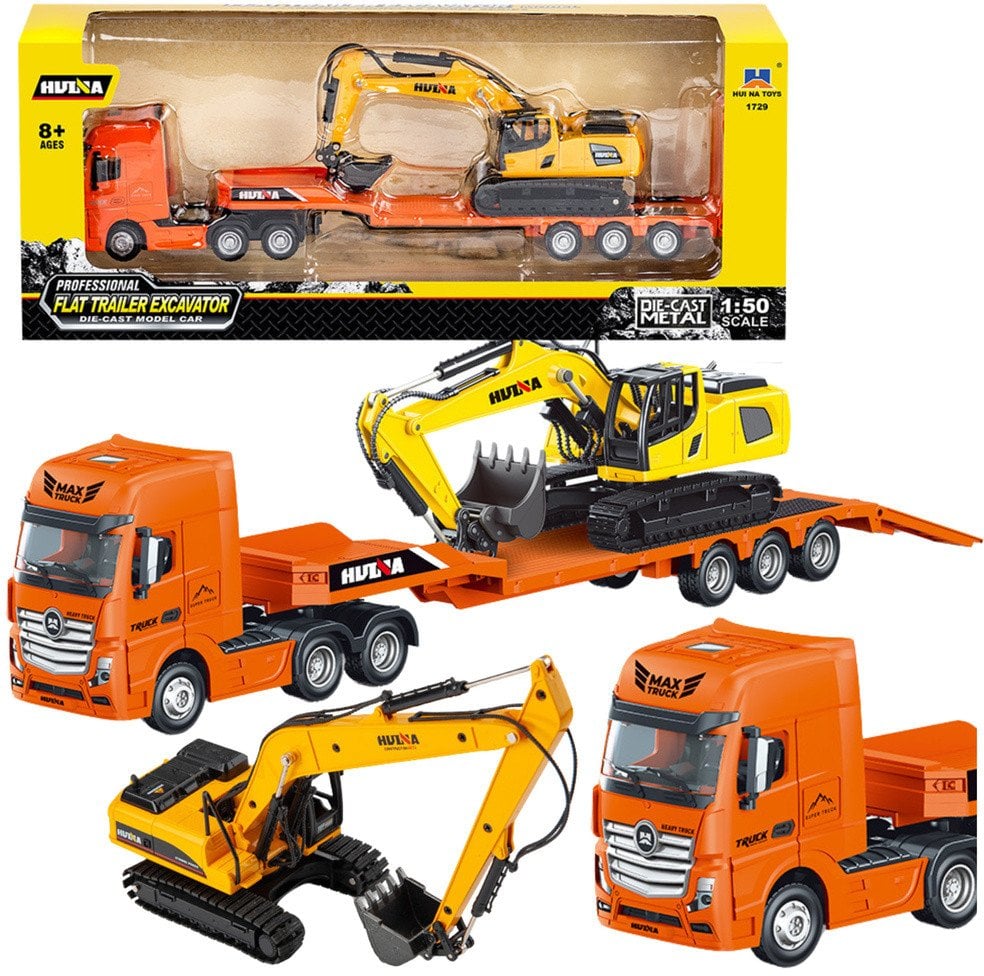 Ciężarówka z Naczepą Laweta Koparka Metalowa Huina Pomarańczowa 1:50