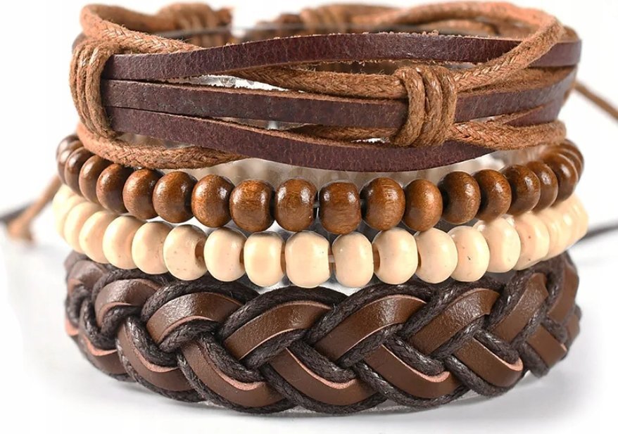 SKÓRZANA BRANSOLETKA ZESTAW MĘSKA RZEMYK 4 SZT BRANSOLETKI Z KORALIKAMI WZ4
