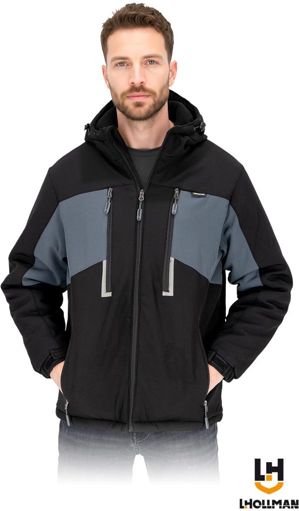 Kurtka ochronna ocieplana męska kaptur polar zamek rękaw ściągacz rzepy regulacja wiele kieszeni tafta 210T SOFTSHELL ochrona przed deszczem oddychają