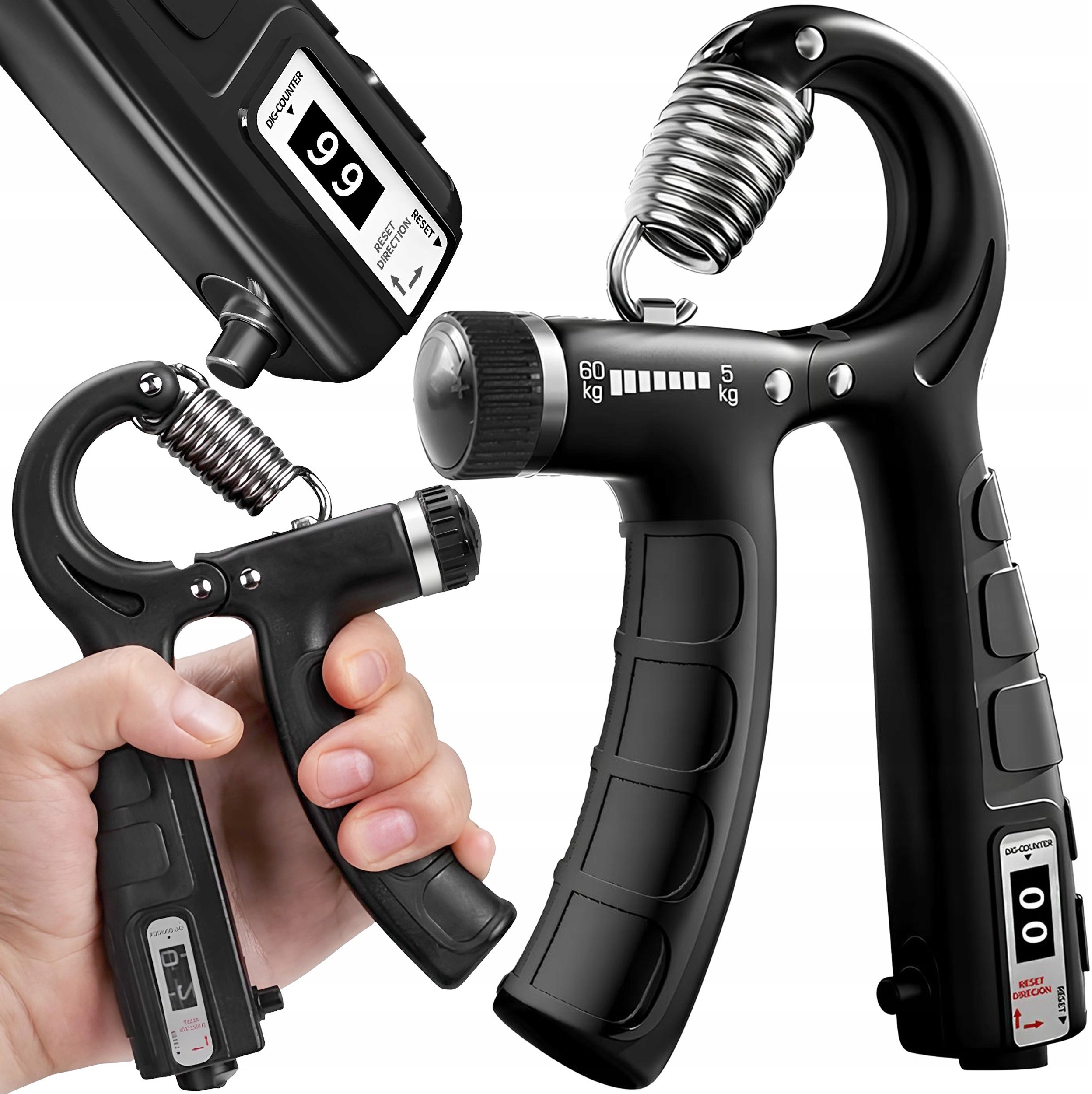 ŚCISKACZ DO RĄK DŁONI TRENING CHWYTU REGULOWANY OPÓR Z LICZNIKIEM 5-60 kg