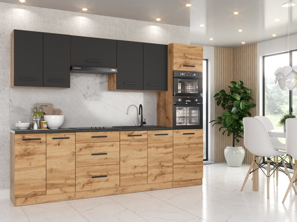 Zestaw Mebli Kuchennych Marra 2.6m Kuchnia Modułowa Szara Mat Dąb Wotan