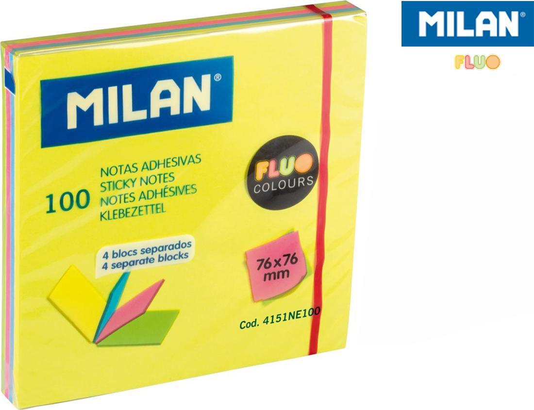 Milan KARTECZKI SAMOPRZYLEPNE MILAN FLUO 76 X 76 MM W 4 KOLORACH W OSOBNYCH BLOCZKACH, 100 SZT.