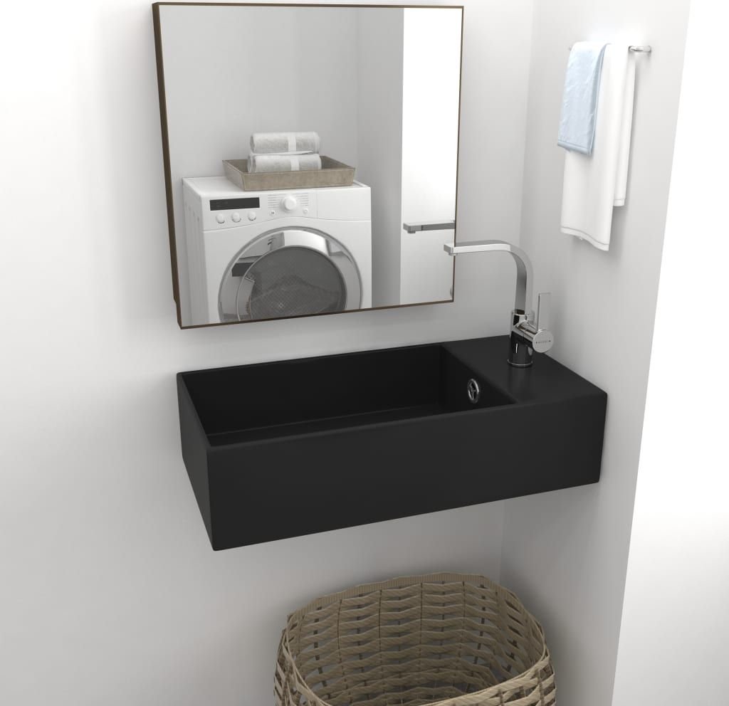 Umywalka vidaXL Ścienna umywalka z otworem przelewowym ceramika matowa czerń