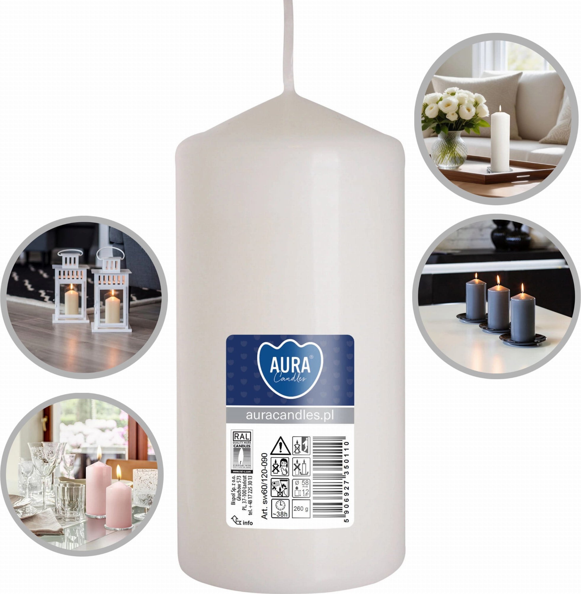 AURA Świeca Walec Biała 38h sw60/120-090