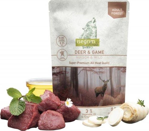 Isegrim Isegrim Adult Deer & Game - mokra karma dla młodych psów, jeleń i dziczyzna z korzeniem pietruszki, olejem szafranowym i ziołami leśnymi, sasz