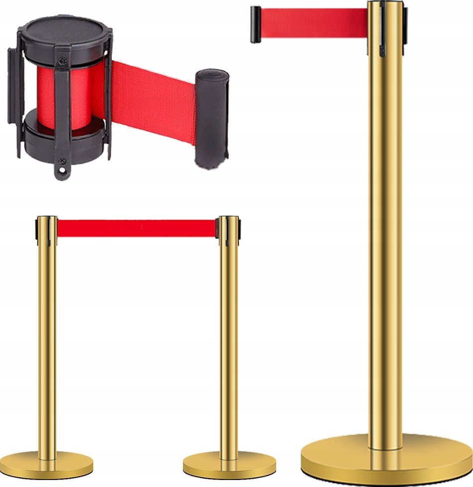 SŁUPEK ODGRADZAJĄCY Z TAŚMĄ ZWIJANĄ 2M HOTELOWY FOTOBUDKA BARIERKA ZŁOTY