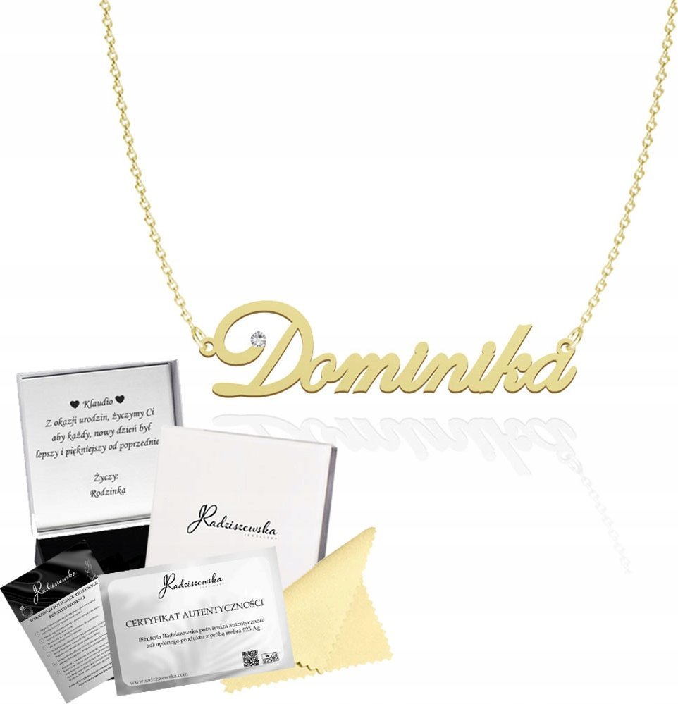 Radziszewska Jewellery Złoty Naszyjnik z Imieniem DOMINIKA Łańcuszek SREBRO 925 DEDYKACJA GRATIS