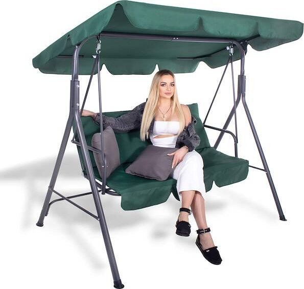 Springos Huśtawka ogrodowa z daszkiem, 3-osobowa metalowa z materacem i poduszkami zielona UNIWERSALNY