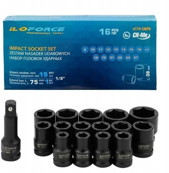 Zestaw nasadek udarowych 1/2" 16el. (6-kątnych) (8-27mm)