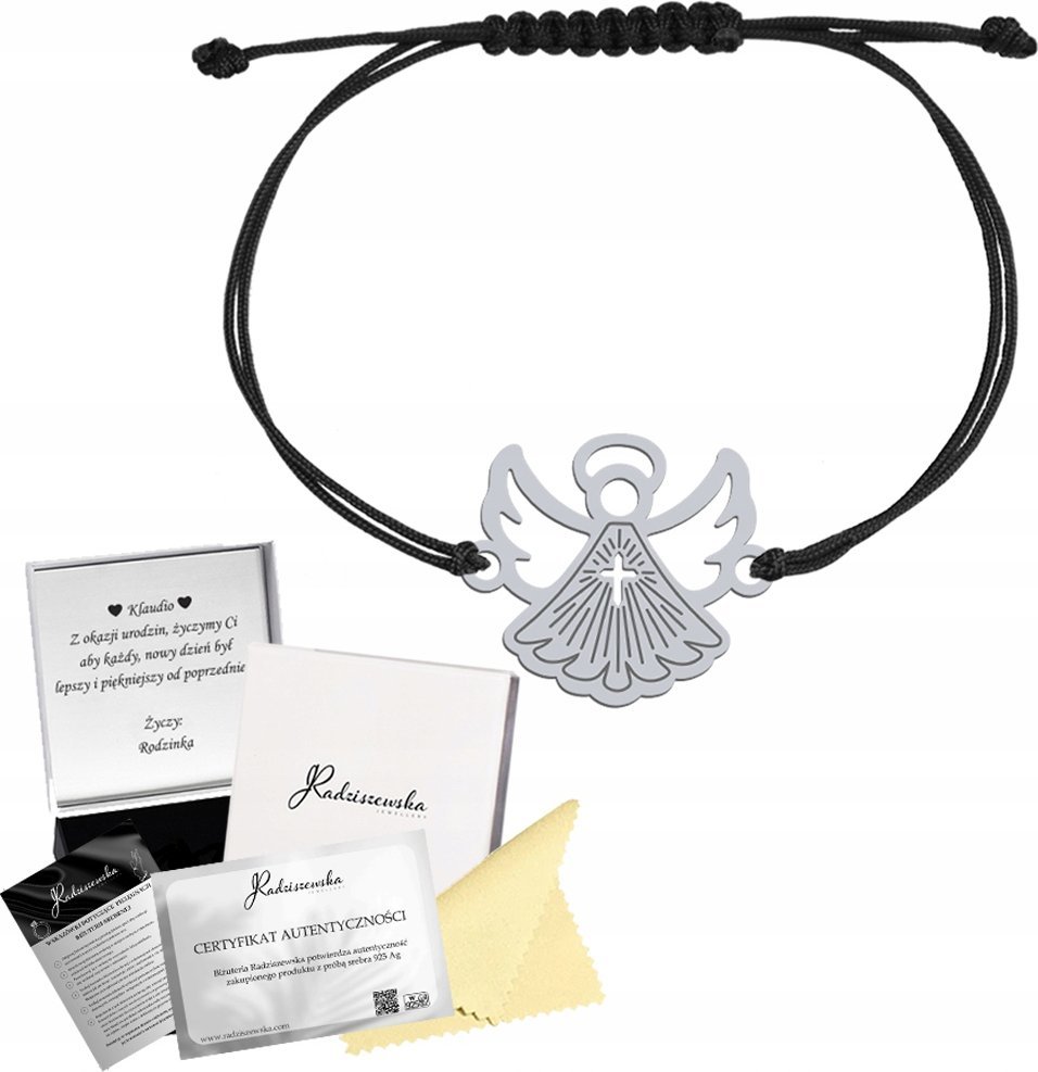 Radziszewska Jewellery Bransoletka z Aniołem na Komunię SREBRO 925 Prezent Sznurek GRAWER GRATIS