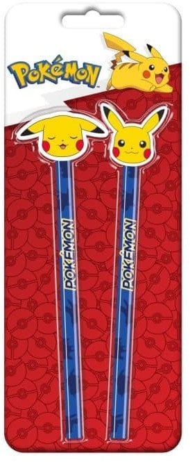 POKÉMON 2-pack pencils w/2 eraser toppers - triangular pencils, unsharpened, each with eraser topper, packed on blistercard w/eurohole, CE & 0-3 years