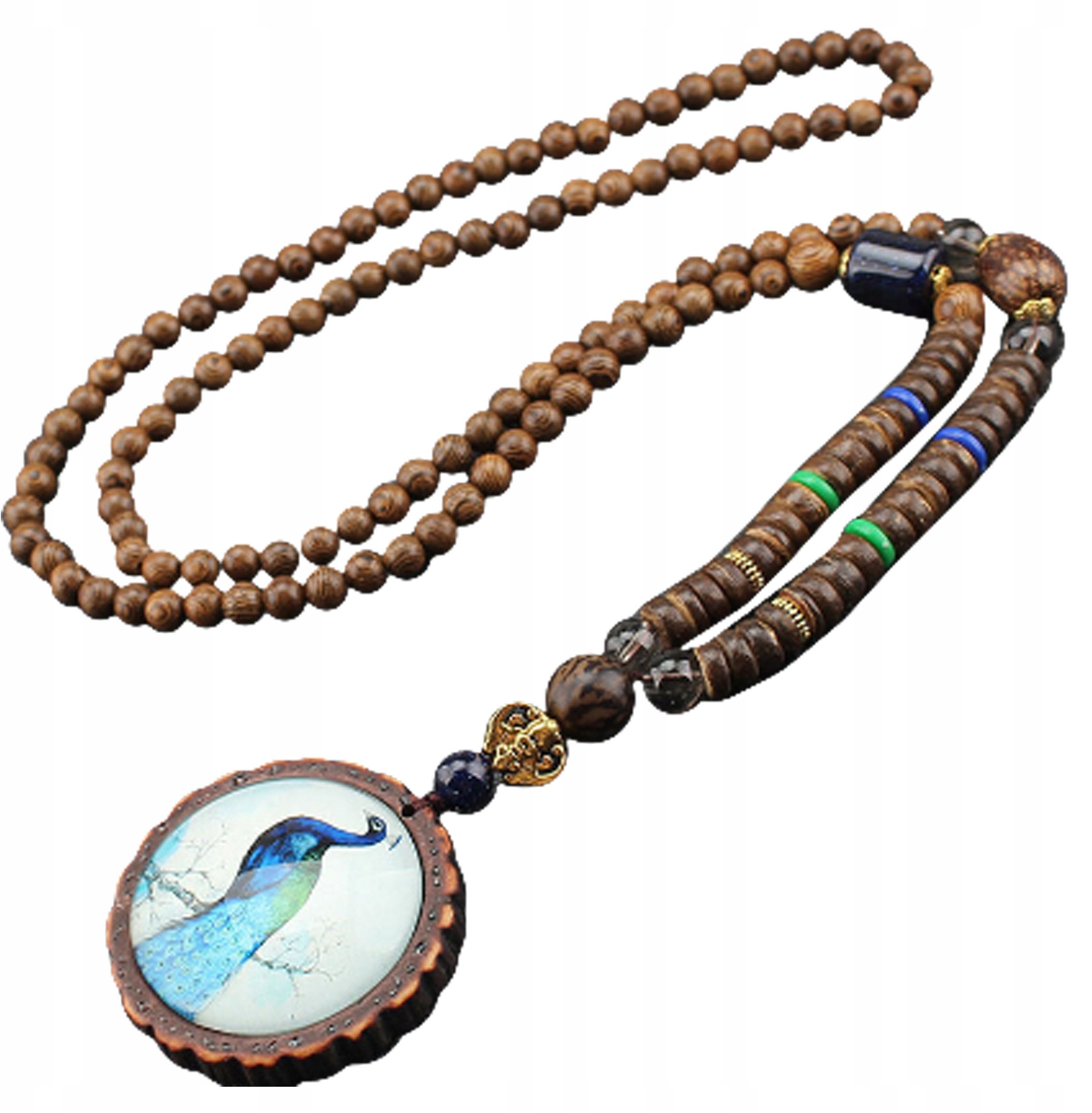 Naszyjnik Drewniany NEPAL BUDDYJSKI MALA Tybetański PAW RĘCZNIE WYKONANY