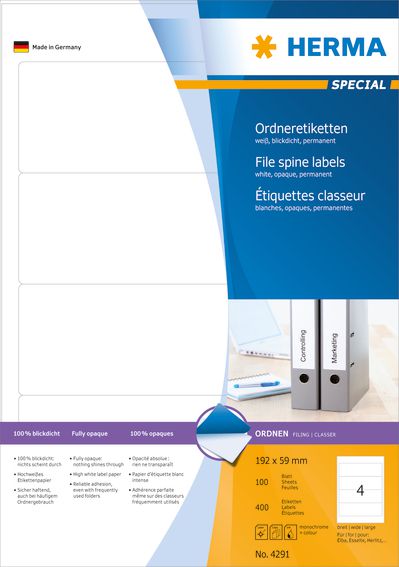 Herma Etykiety Special 4291, na segregatory, A4, białe, 192 x 59 mm, papier matowy nieprzejrzysty, 400 szt., zaokrąglone narożniki. (4291)
