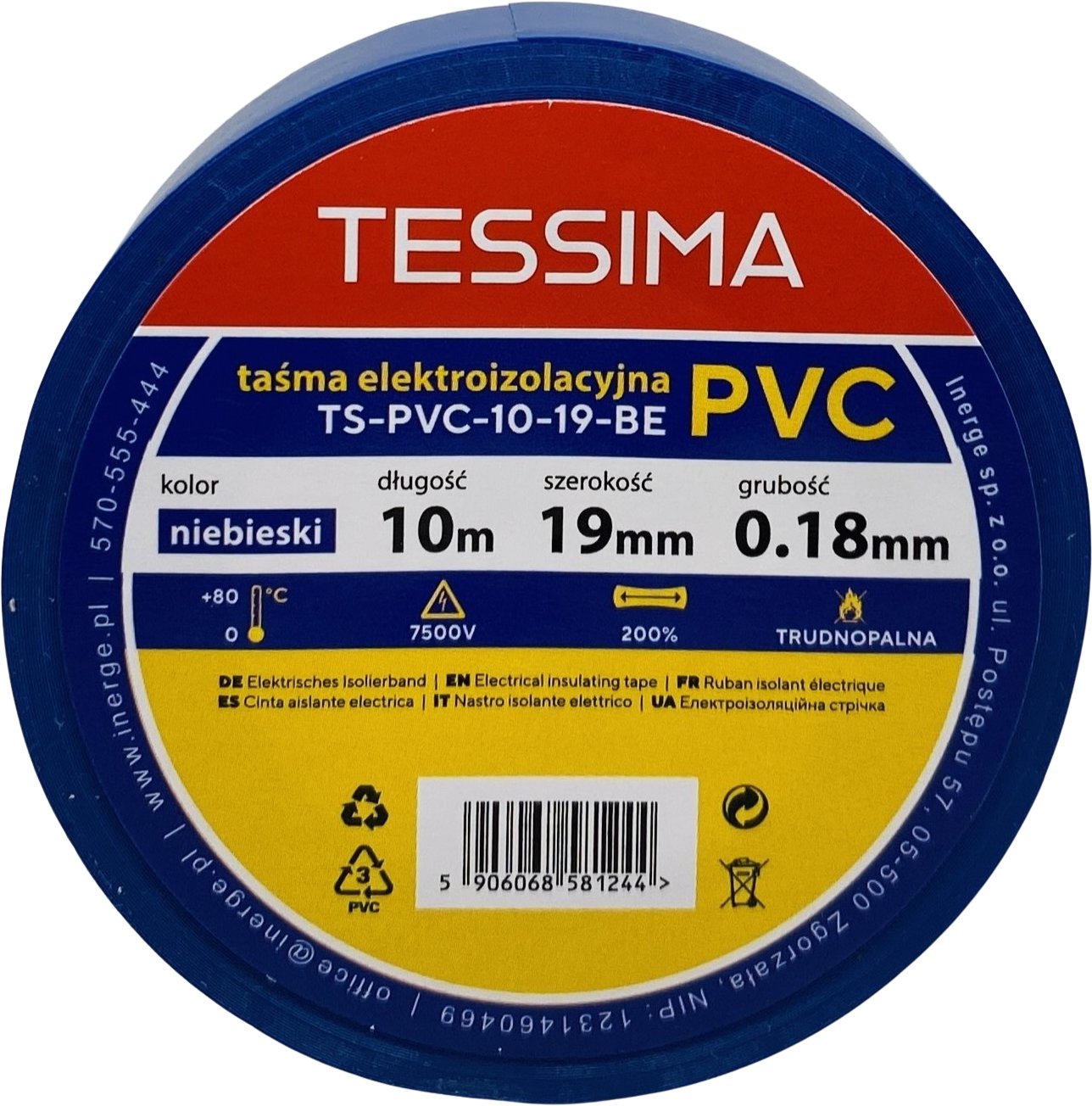 Taśma elektroizolacyjna 10m 19mm 0.18mm niebieska TESSIMA
