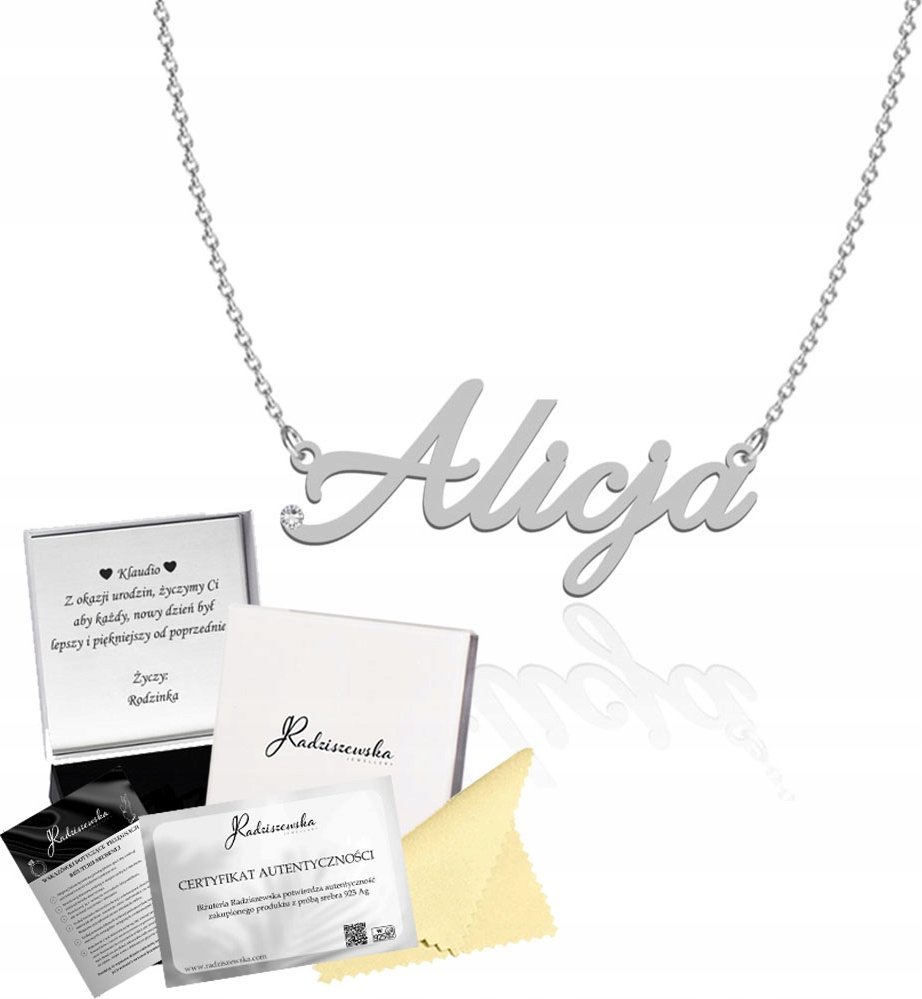 Radziszewska Jewellery Naszyjnik Srebrny z Imieniem ALICJA Łańcuszek 925 Prezent DEDYKACJA GRATIS