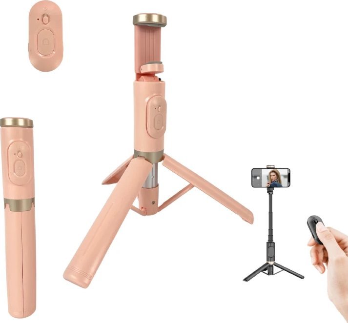 Selfie Stick + Statyw do telefonu 2w1 z pilotem różowy 73cm