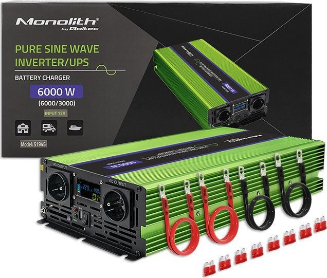 Przetwornica Qoltec Przetwornica napięcia Monolith | ładowanie baterii | UPS | 3000W | 6000W | 12V na 230V | Czysty Sinus | LCD