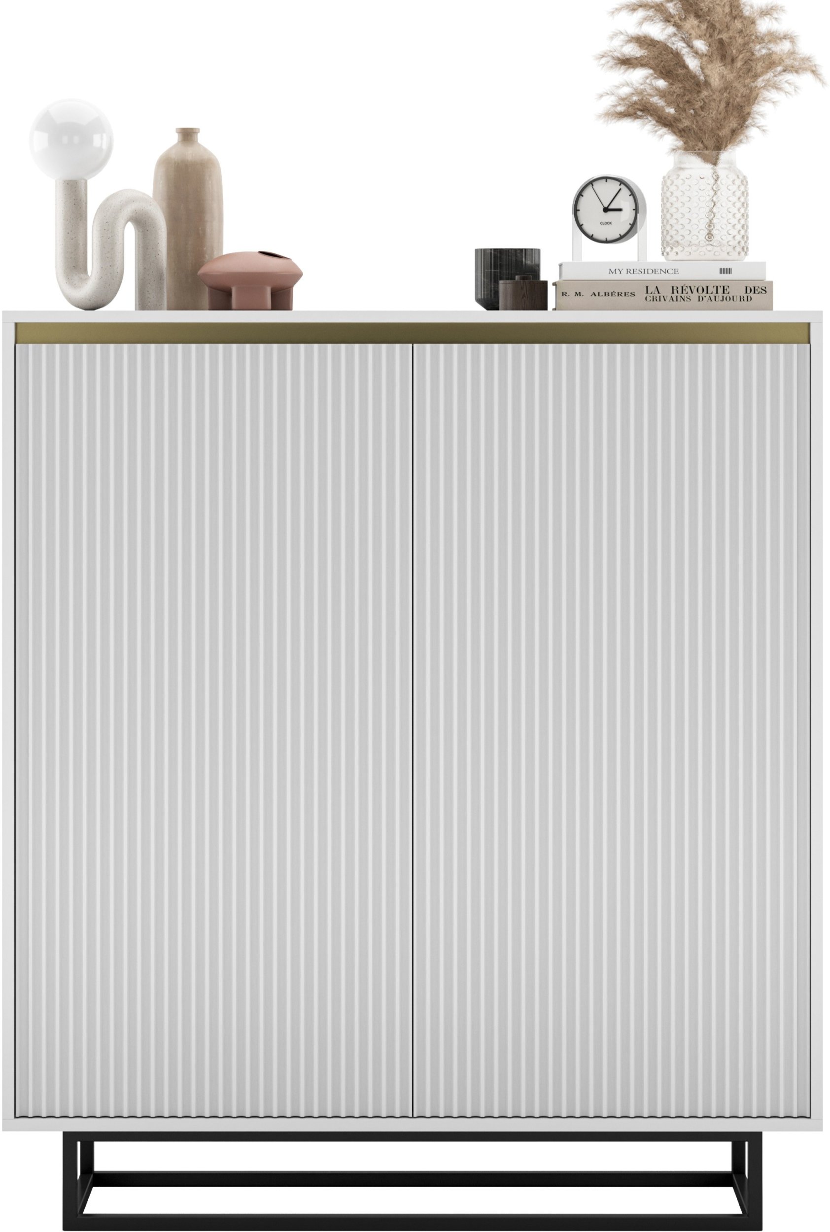 Komoda RTV SELENE Glamour Biały Mat Ryflowane fronty czarna rama 110,8 cm