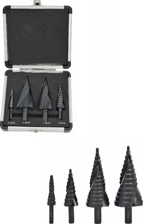 Wiertło AWTools AW WIERTŁO STOPNIOWE SPIRALNE KPL. 4szt./ 4-12 4-20 4-32 4-39mm/ AICrN/ CZARNE/ ETUI PLASTIK