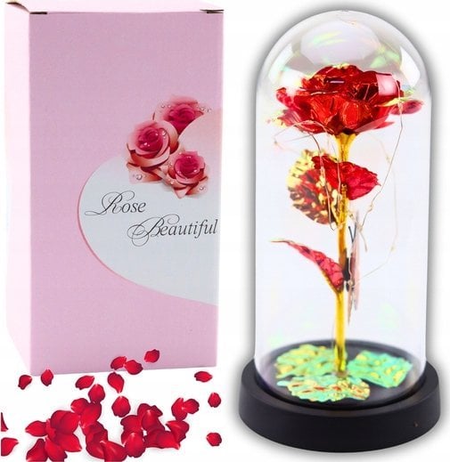 Wieczna Róża W Szle Kryształowa Oświetlenie LED Motylek Czerwona 21x11cm