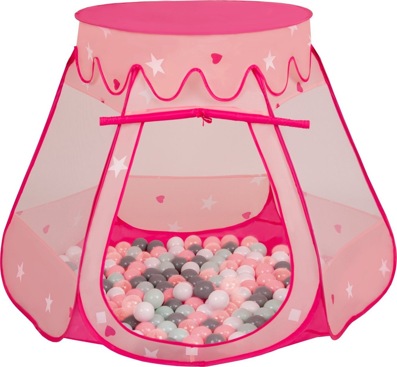Selonis Namiot zamek NZ-100X z piłeczkami 6cm różowy: biały-szary-mięta-pudrowy róż 105x90cm/100piłek Zabawka namiot dla dzieci