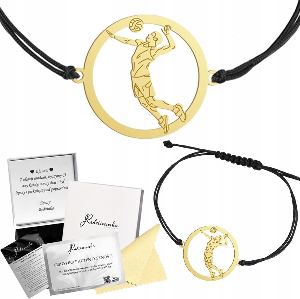Radziszewska Jewellery Bransoletka Złota Siatkarz Siatkówka Srebro 925 Grawer Sznurek Biżuteria
