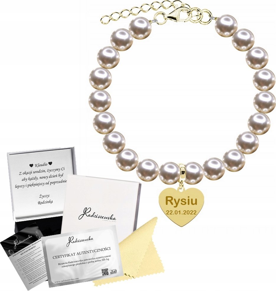 Radziszewska Jewellery Bransoletka Złota z Zawieszką Perły 925 Prezent Dzień Matki Grawer Życzenia