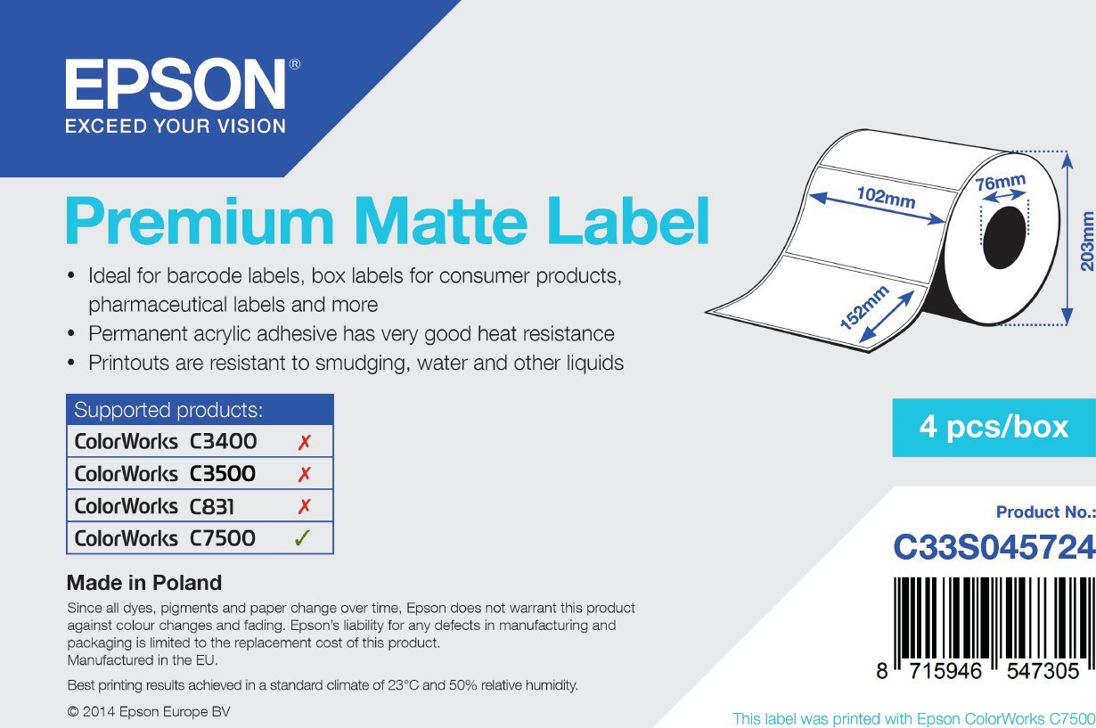 Epson Epson Premium Matte Label - Die-cut Roll: 102mm x 152mm, 800 labels