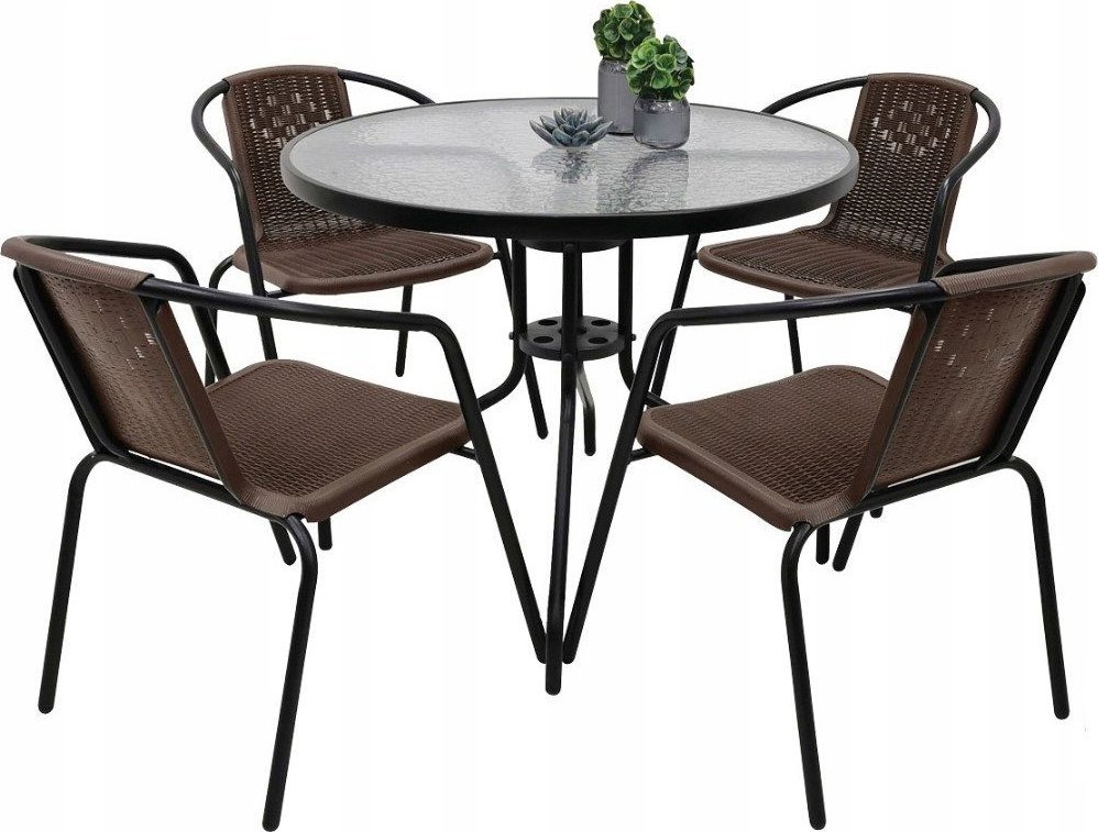 Zestaw ogrodowy kawowy na taras dla 4 osób stół fi90 i krzesła brązowy