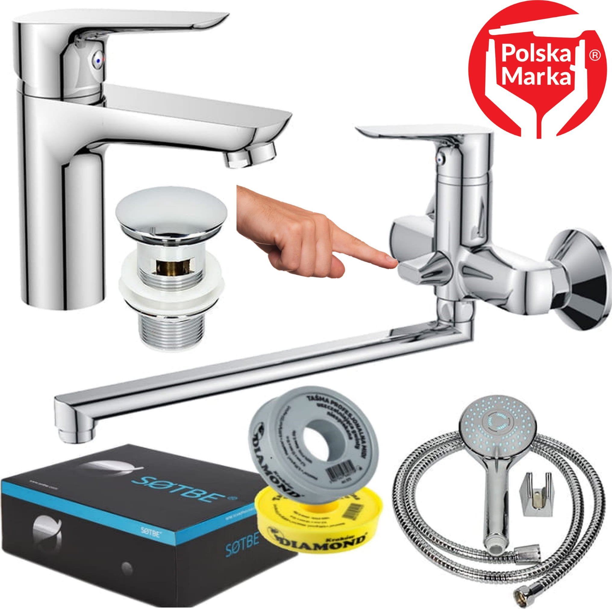 Sotbe SOTBE INARI bateria wannowa ścienna z długą ruchomą wylewką + bateria umywalkowa stojąca