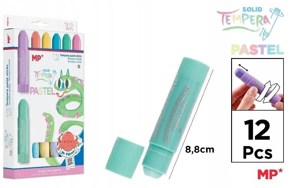 Farby tempera pastel w sztyfcie 12 kolorów