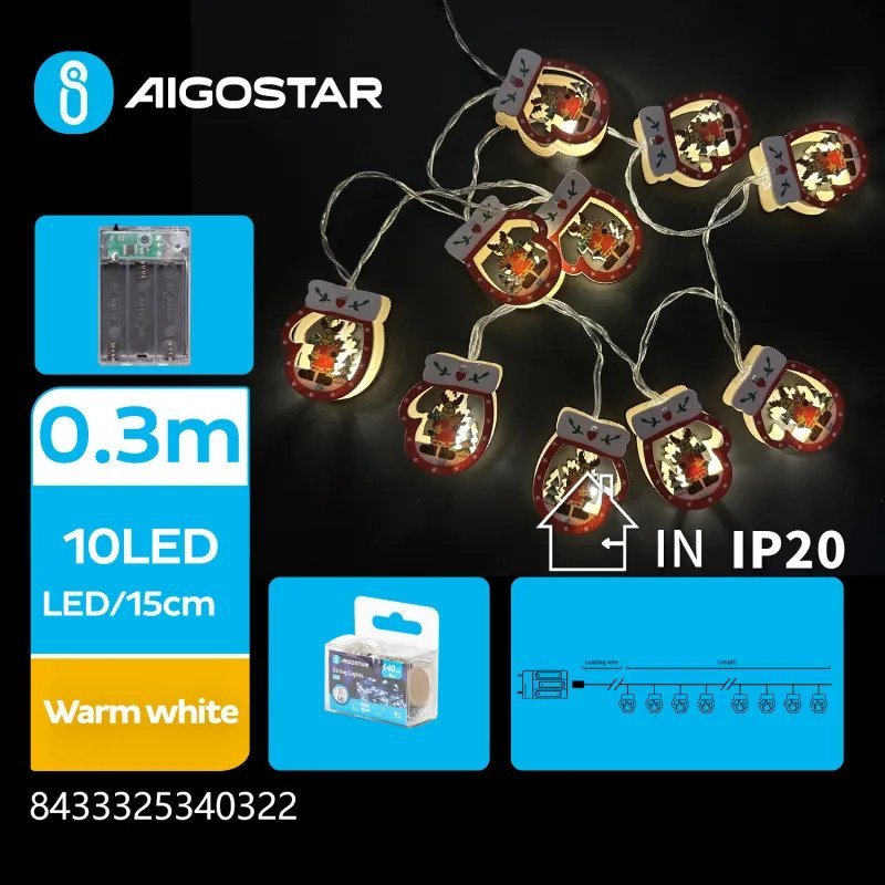Lampki choinkowe Aigostar Lampki choinkowe 10 LED na 3 baterie AA - drewniana zawieszka rękawiczki ciepła Lampki choinkowe 10 LED na 3 baterie AA - d
