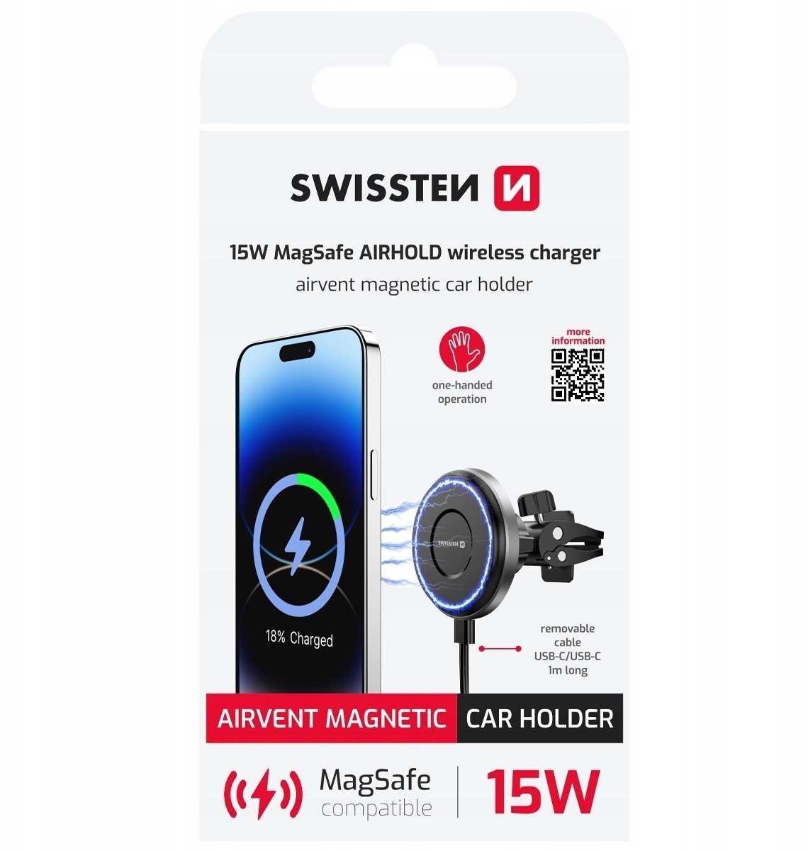 Swissten Airhold Magnetic Car Holder with Wireless Charger 15W / 7.5W (MagSafe compatible)