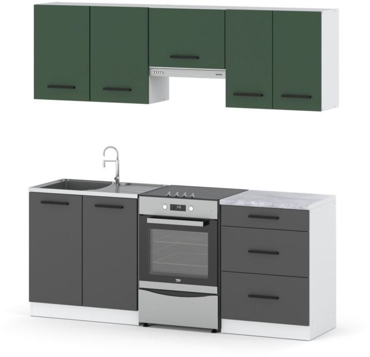 Kuchnia Modułowa Z Blatem Nowoczesna Mała 2m Biała Butelkowa Zieleń Szary