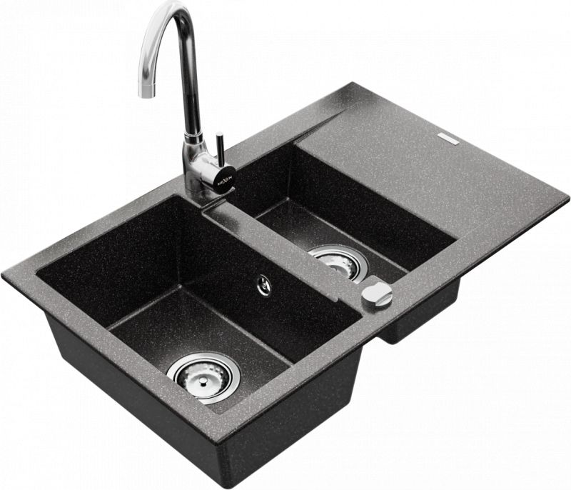 Zlewozmywak Mexen Gaspar granitowy 1,5-komorowy z ociekaczem i baterią kuchenną Telma, czarny nakrapiany - 6507-76-670200-00