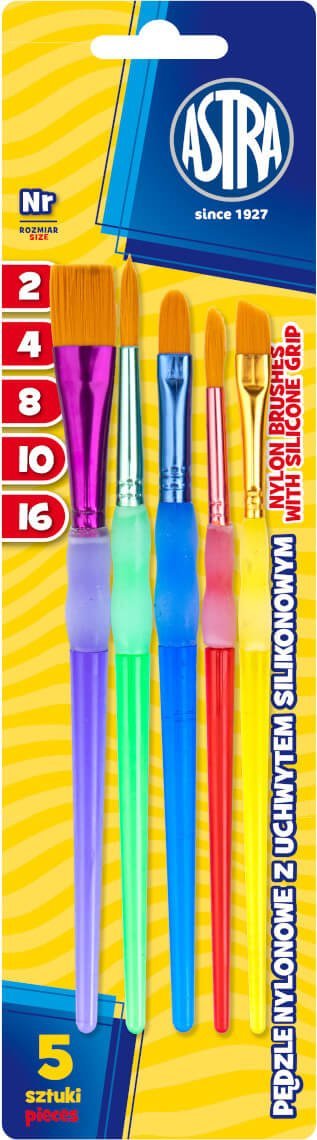 Astra Zestaw pędzle nylonowe z silikonowym uchwytem 5szt roz 2/4/8/10/16 ASTRA