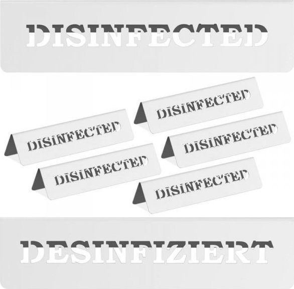 Royal Catering Tabliczka informacyjna na stół ze stali nierdzewnej DISINFECTED / DESINFIZIERT 5 szt.