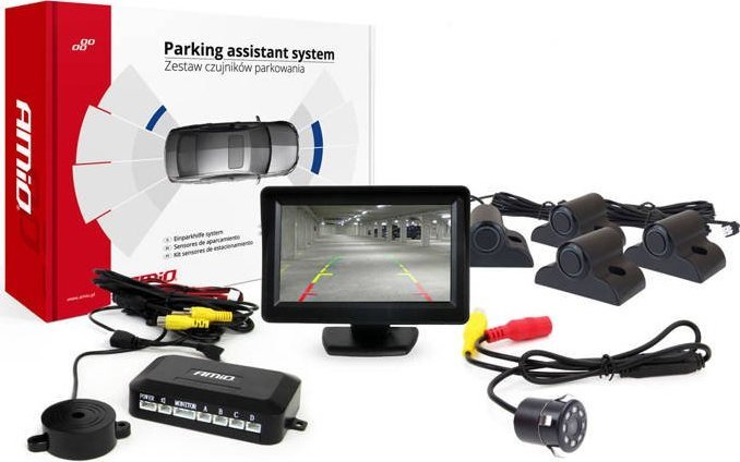 AMiO Zestaw czujników parkowania tft01 4,3" z kamerą hd-307-ir 4 sensory czarne truck