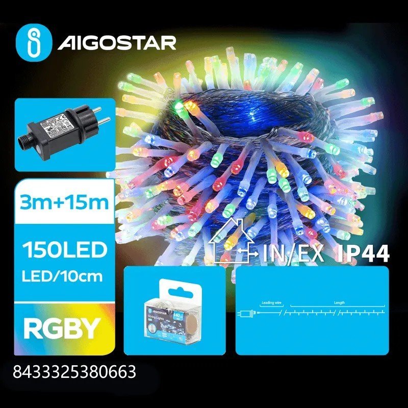 Lampki choinkowe Aigostar Niskonapięciowe lampki choinkowe 150 led RGBY, 15m+3 Niskonapięciowe lampki choinkowe 150 led RGBY, 15m+3