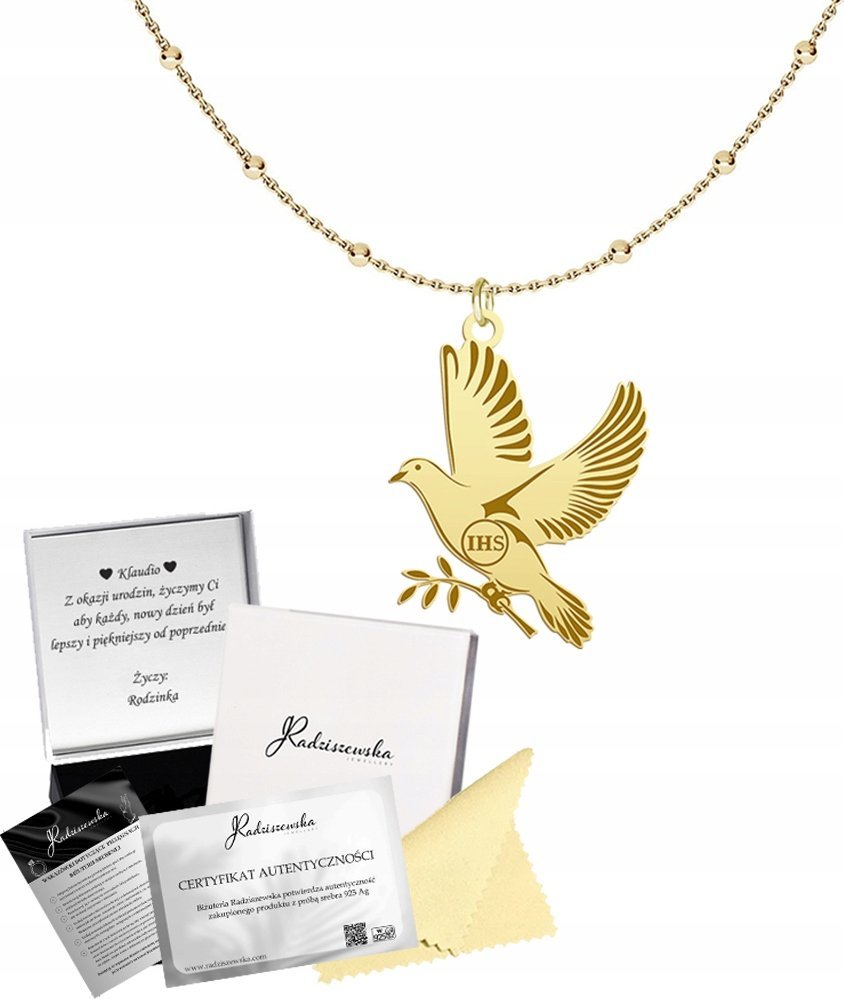 Radziszewska Jewellery Złoty Naszyjnik na Komunię Gołąb z Hostią SREBRO 925 Łańcuszek GRAWER GRATI