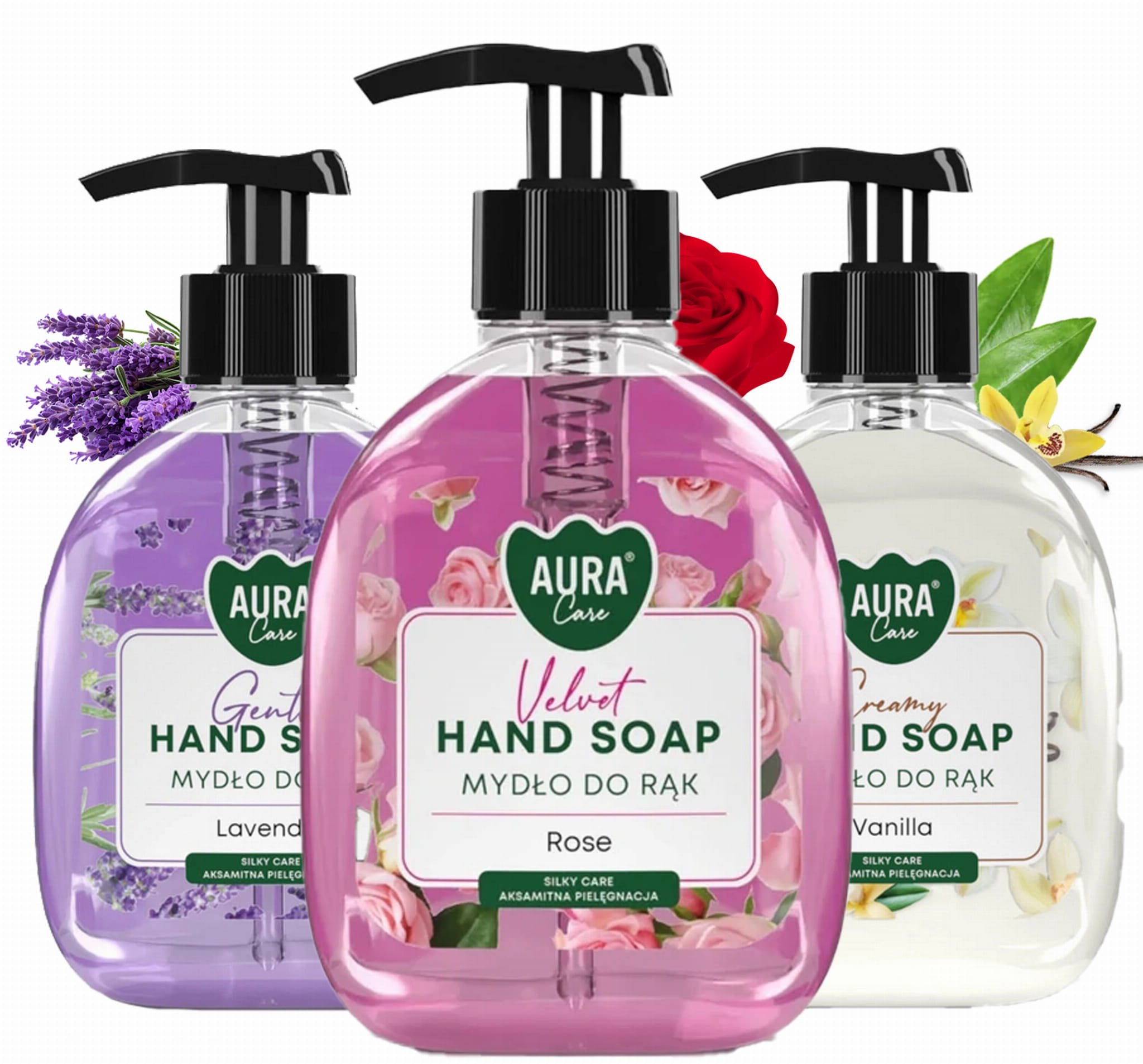 Zestaw 3x300 ml AURA Care Mydło Do Rąk Z Dozownikiem Lawenda Róża Wanilia