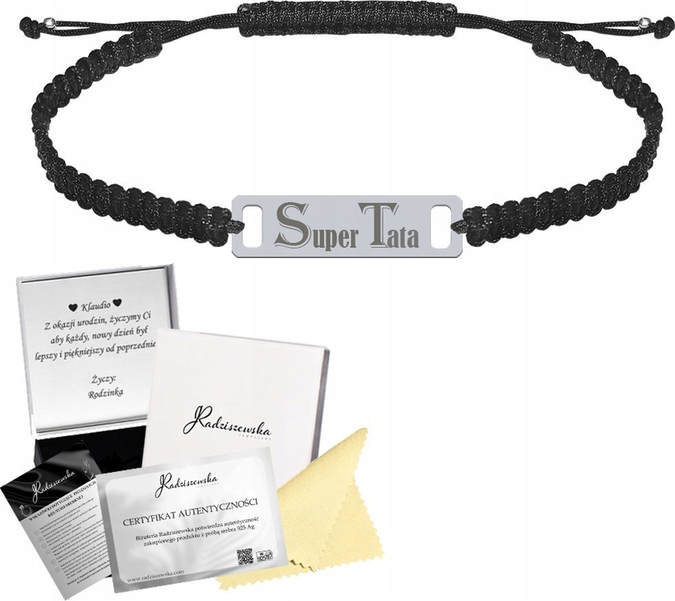 Radziszewska Jewellery Bransoleta Srebrna Super Tata Blaszka z Grawerem 925 Sznurek Prezent