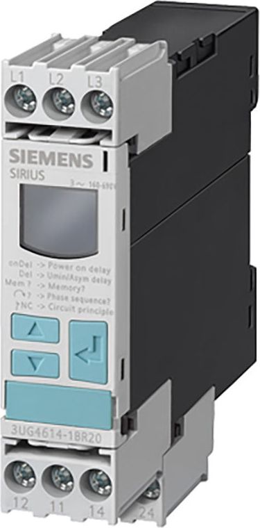 Siemens Przekaźnik kolejności zaniku i asymetrii faz kontrola nad-/podnapięciowa 2P 0.1-20s 160-690V AC z LCD (3UG4616-1CR20)
