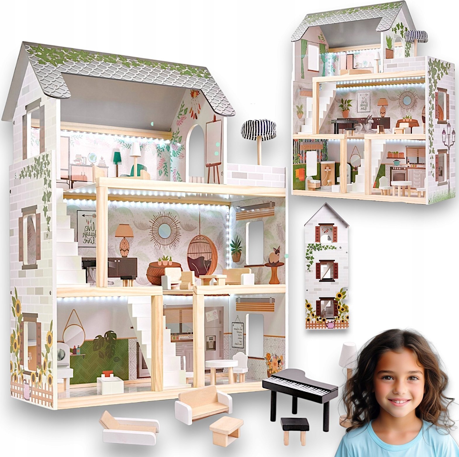 Drewniany domek dla lalek + światło led + meble STYL BOHO