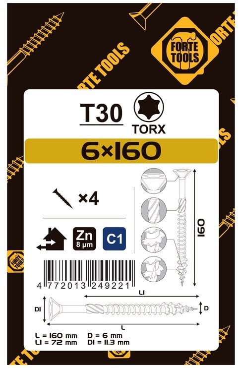CHIPBOARD SCR T30 6.0X160/72 WHIT ZN4PCS